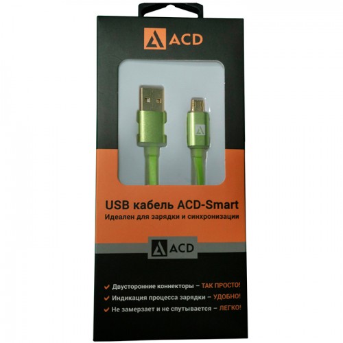 Кабель USB micro ACD-Smart USB 2.0(A)/MicroUSB, 1m, индикатор заряда, зеленый, ACD(ACD-U915-M2G)