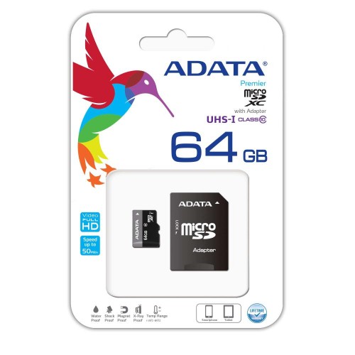 Память Flash Card64ГБ SD-micro A-DATA microSDXC USDX64GUICL10-RA1 UHS-I Class 10, 50/10 MB/s, Adapte