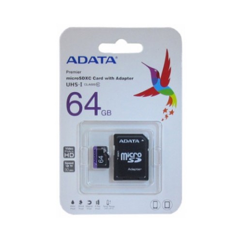 Память Flash Card64ГБ SD-micro A-DATA microSDXC AUSDX64GUICL10A1-RA1 UHS-I Class 10/V10 A1, 100/25 M